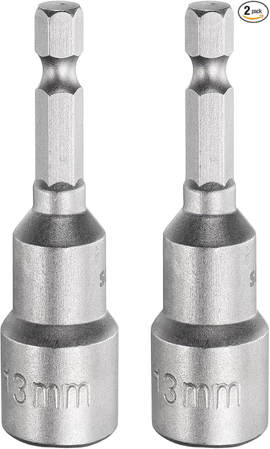 HARFINGTON 2pcs Nut Driver Drill Bit 13mm Metric Socket 1/4" Hex Shank 2.56" (65mm) Long Magnetic 6-Point Sockets Quick Change CR-V Steel Bolt Setters for Power Drill Drivers