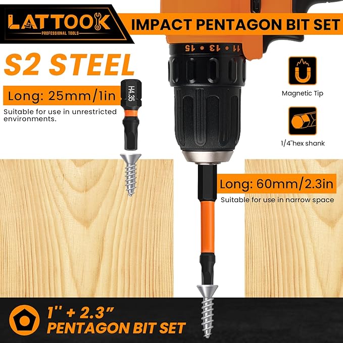 Impact Pentagon Bit Set, LATTOOK 21-Pieces Metric 5 Sided Tamper Proof Security Bit Set, 1/4" Hex Shank Magnetic S2 Steel, 2.3'' & 1'' Long