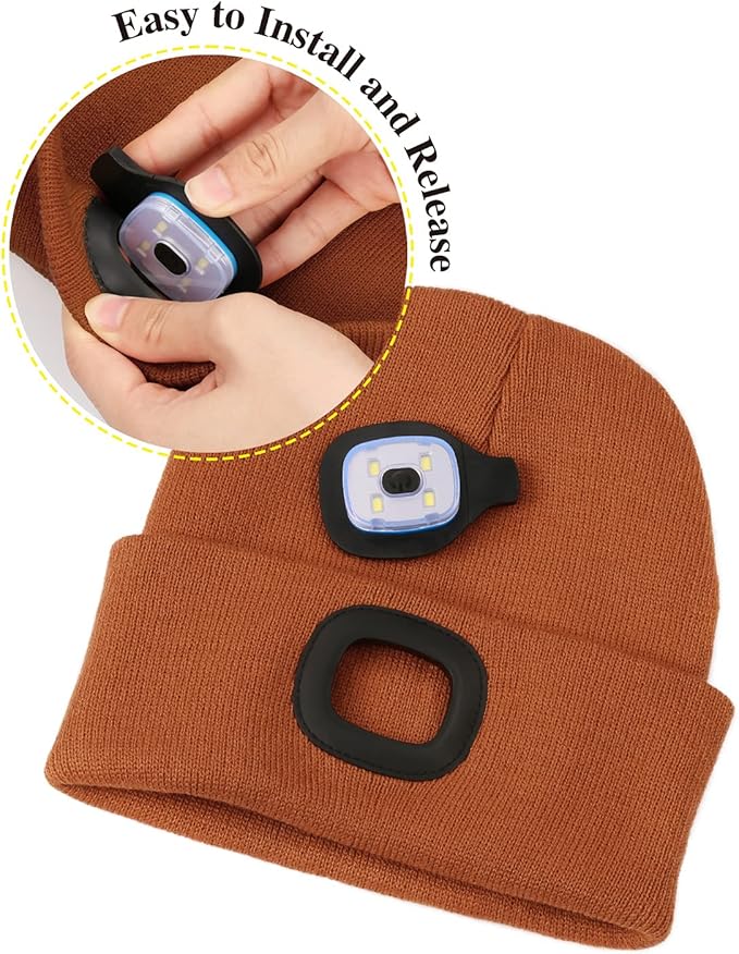 MELASA Unisex Hat with Light, USB Rechargeable Hands Free Headlamp LED Beanie, Winter Gifts for Men Dad Father Husband Him