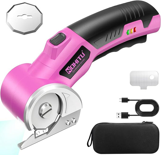 Cordless Electric Scissors: 4V Rechargeable Rotary Cardboard Cutter, 3000mAh Battery, with LED Light & Safety Lock, 2 Blades, Electric Box Cutter for Fabric Carpet Carton Plastic Leather Cloth (Pink)