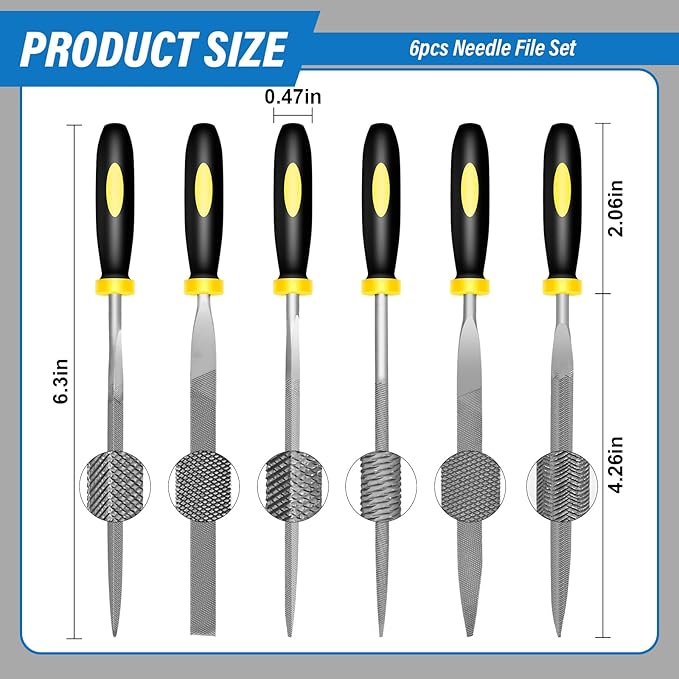 6pcs Metal Needle File Set, Mini Hand Metal Needle File Sets, 3rd Generation Hardened Alloy Strength Steel Set, Includes Flat Warding, Round, Flat, Triangular, Square and Half - Round Files