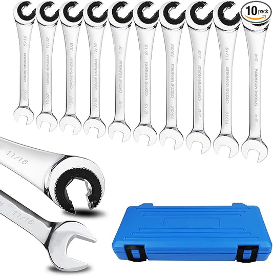 LOSCHEN 10 pcs SAE Ratcheting Wrench Combination Wrench Set 10 Pcs/Set with 72 Teeth, Chrome Vanadium Steel Tubing Ratchet Spanner（US and European Patents）