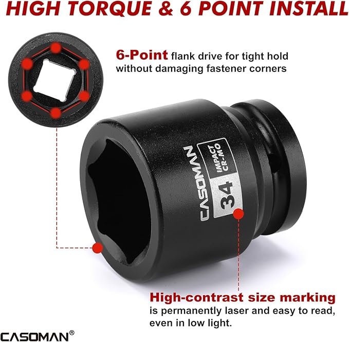 CASOMAN 15-Piece 3/4" Drive Shallow Spindle Axle Nut Impact Socket Set, 6-Point, Standard Large Socket Set, Metric (17mm -55mm), CR-MO Steel, with Storage Case