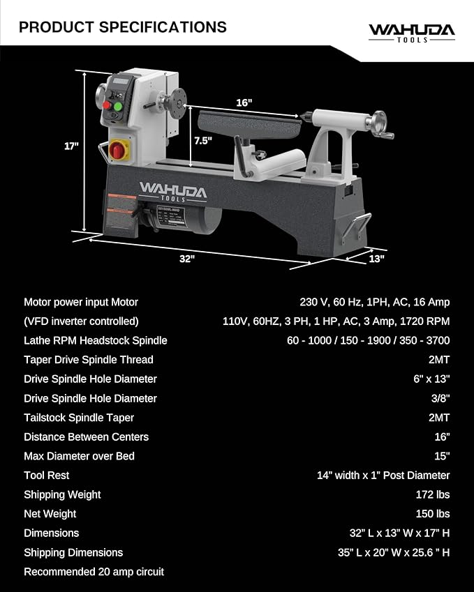 Benchtop 15" Variable Speed Wood Lathe w/induction motor