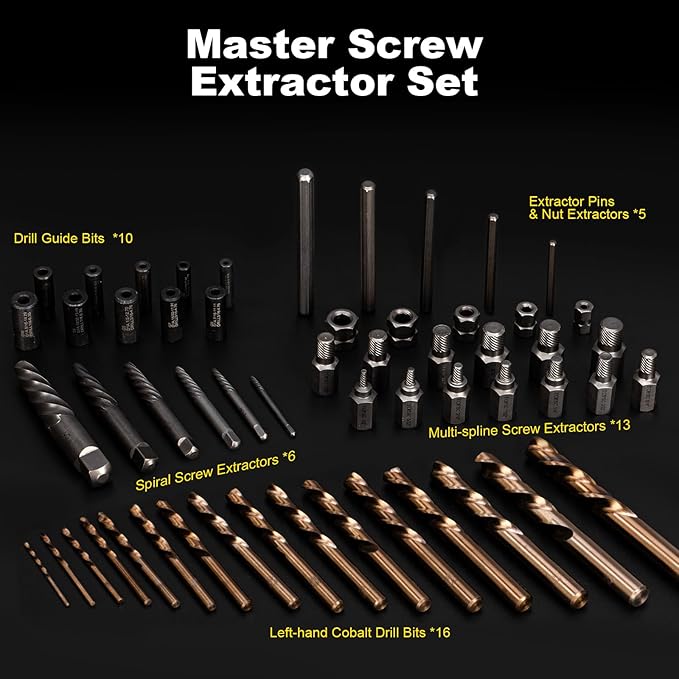 Topec 55-Piece Screw Extractor & Broken Bolt Extractors, Multi-Spline Extractors, and Drill Bits for Removing Damaged, Frozen, Rusted, Rounded-Off Bolts & Screws