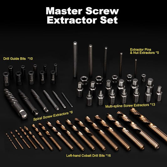 Topec 55-Piece Screw Extractor & Broken Bolt Extractors, Multi-Spline Extractors, and Drill Bits for Removing Damaged, Frozen, Rusted, Rounded-Off Bolts & Screws