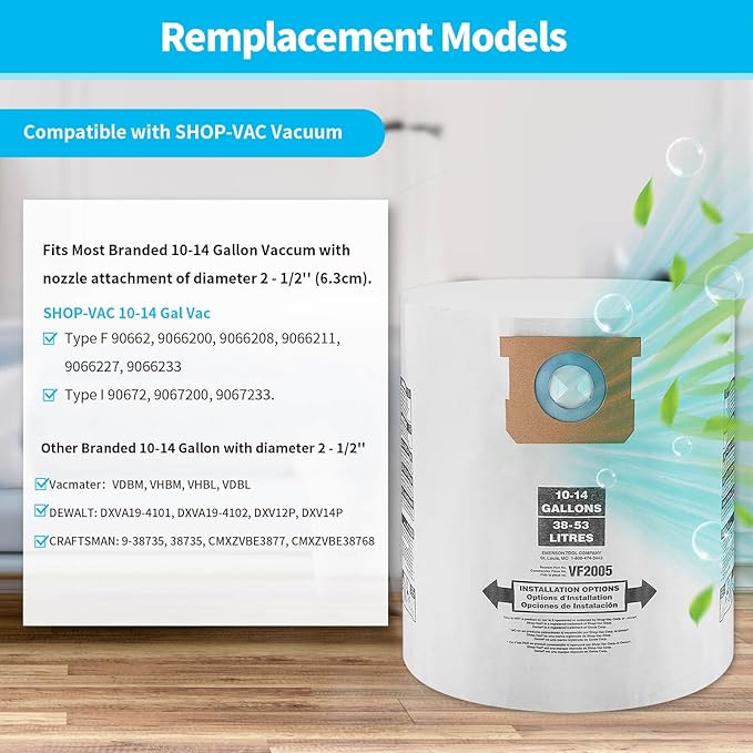 5 Packs 90672 Type F Dust Collection Bags for 10-14 Gallon Vacuum Bags Type I and Type F 90672 9067200 9067233 90662 9066200 9066233 Part VF2005