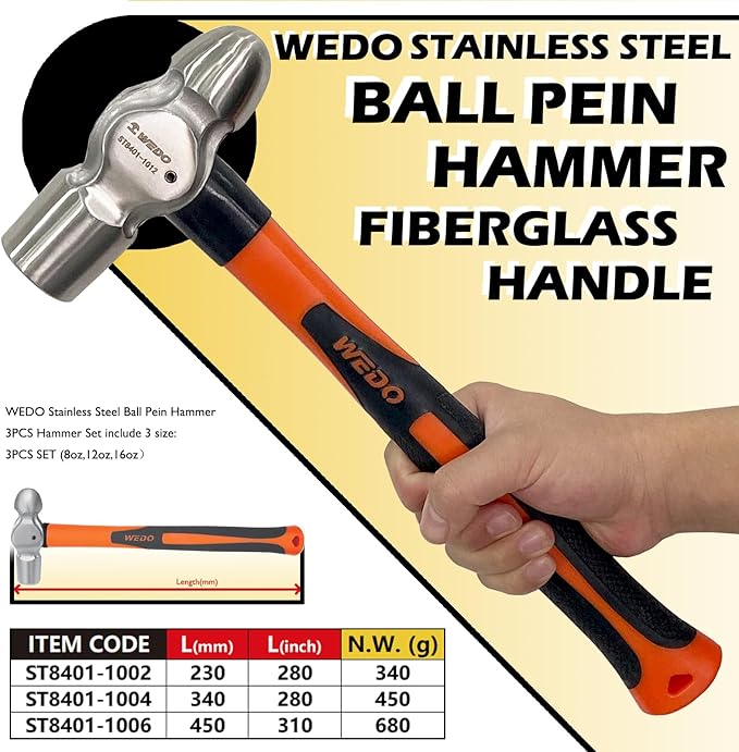 WEDO 3PCS Ball Pein Hammer Set,0.5lb+0.8lb+1lb(230g+340g+450g),Stainless Steel Ball Peen Hammer Set With Fiberglass Handle,Die-forged,Shock-resistant,Corrosion Resistant