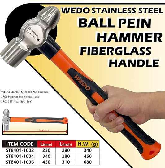 WEDO 3PCS Ball Pein Hammer Set,0.5lb+0.8lb+1lb(230g+340g+450g),Stainless Steel Ball Peen Hammer Set With Fiberglass Handle,Die-forged,Shock-resistant,Corrosion Resistant