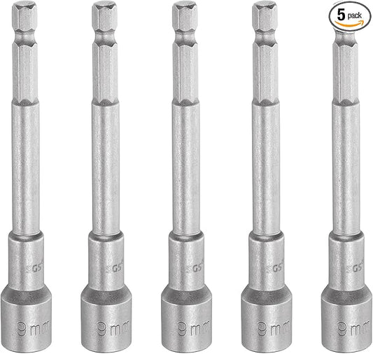 HARFINGTON 5pcs Nut Driver Drill Bit 9mm Metric Socket 1/4" Hex Shank 3.94" (100mm) Long Magnetic 6-Point Sockets Quick Change CR-V Steel Bolt Setters for Power Drill Drivers