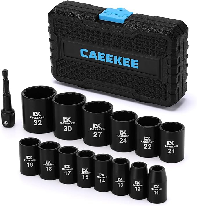 15PCS 1/2" Drive Shallow 12-Point Impact Socket Set, Metric(11mm - 32mm), Cr-V Steel, Includes Drill Socket Adapter