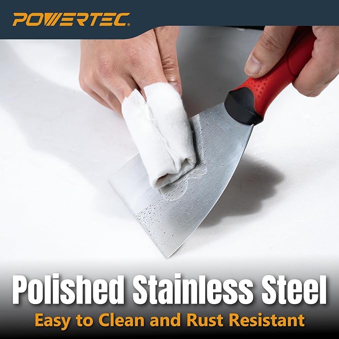 POWERTEC 4-Inch Stainless Steel Drywall Joint Knife - Flexible Blade, Soft Grip, for Patching, Taping, Scraping (72172)