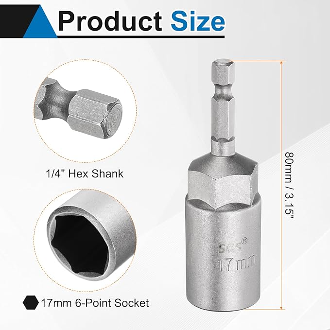 HARFINGTON 5pcs Nut Driver Drill Bit 17mm Metric Socket 1/4" Hex Shank 3.15" (80mm) Long 6-Point Sockets Quick Change CR-V Steel Bolt Setters for Power Drill Drivers