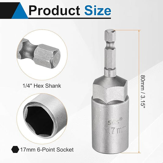 HARFINGTON Nut Driver Drill Bit 17mm Metric Socket 1/4" Hex Shank 3.15" (80mm) Long 6-Point Sockets Quick Change CR-V Steel Bolt Setters for Power Drill Drivers