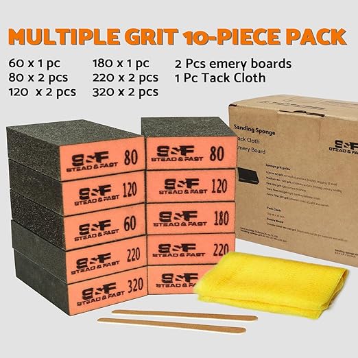 Sanding Block 10 pcs with Tack Cloth, 60 80 120 180 220 320 Coarse Medium Fine Grit Sanding Sponge Assortment, Sanding Sponges for Wood Drywall Metal by S&F STEAD & FAST
