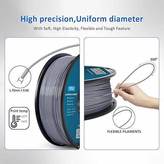 Geeetech TPU Filament 1.75mm, Shore 95A Flexible 3D Printer Filament with High Elasticity, 1KG (2.2lbs) Spool, Dimensional Accuracy 짹0.03mm, Fits Most FDM Printers (Clear Silver)