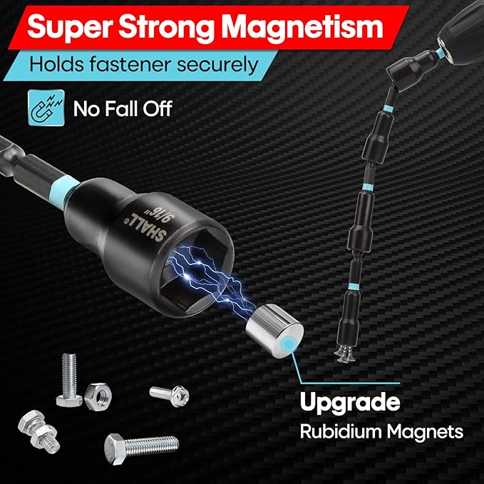 SHALL 29PCS Magnetic Nut Driver Set, Impact Drill Driver Bit 1/4" Hex Shank, SAE & Metric Cr-V Steel Power Nut Drivers with Quick-release Extensions, Impact Socket Adapters, Bit Holder and Storage Bag