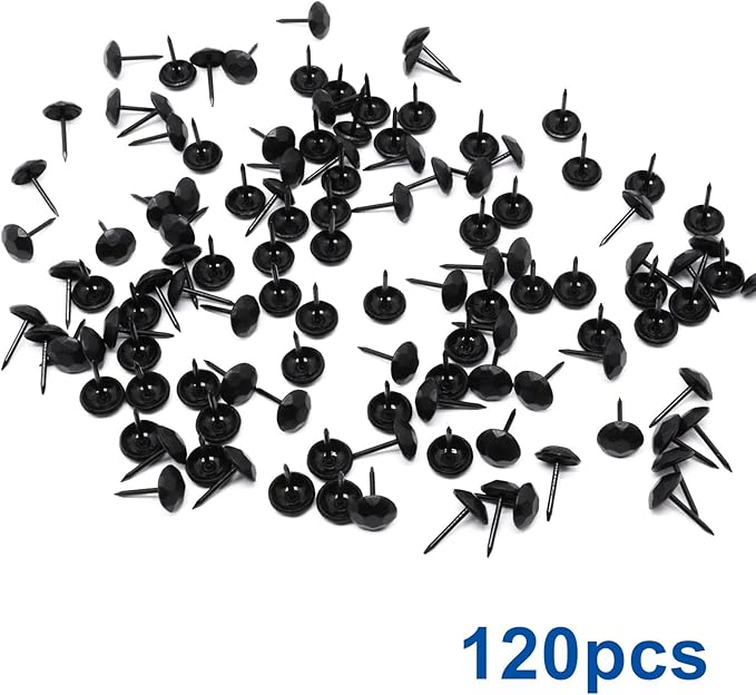 YuGtcen 120pcs Upholstery Tacks, Decorative Nails Thumb Tacks Metal Upholstery Nails for Wood Upholstery Pins Vintage Furniture Tacks Small (11x17mm, Matte Black)
