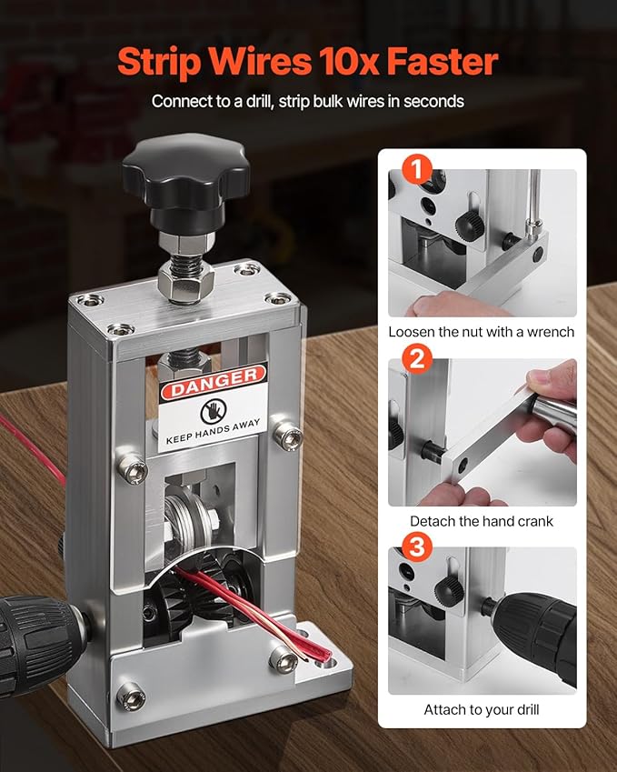 VEVOR Manual Wire Stripping Machine, 0.06-1 in, Copper Stripper with Hand Crank or Drill Powered, 64Mn Quenched Blades, 45# Steel Rollers, Aluminum Alloy Frame Wire Peeler, for Scrap Copper Recycling
