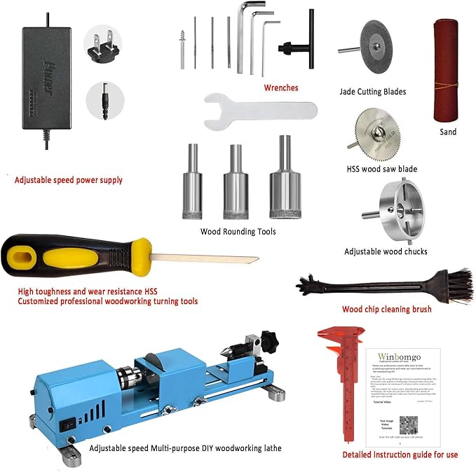 Mini Lathe Wood Lathe Machine Multi-Purpose Type Lathe Milling Cutting Grinding Polishing Professional Table Top Lathe Tool Kit