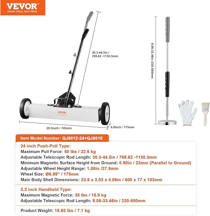 VEVOR 24-Inch Magnetic Sweeper with Wheels, 50 lbs Capacity, with Telescoping Magnetic Pickup Tool, Adjustable Handle, Magnetic Pickup Sweeper to Pick Up Nails and Screws, for Workshop, Garage, Yard