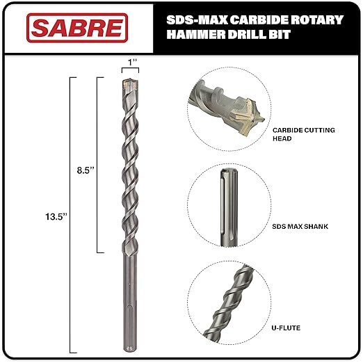 Sabre Tool 1 Inch x 13 Inch SDS MAX Rotary Hammer Drill Bit, U-Flute, Carbide Tipped for Brick, Stone, and Concrete, SDS MAX Shank (1inches x 8.5inches x 13