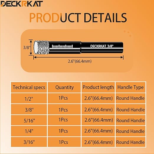 5 Piece Diamond Drill Bits Set, Core Drill Bits for Hard Materials - Tiles Ceramics Glass Stones ??Built in Coolant, Fast Dry Drilling - Sizes 3/16" 1/4" 5/16" 3/8" 1/2" - Round Shank, Storage Case