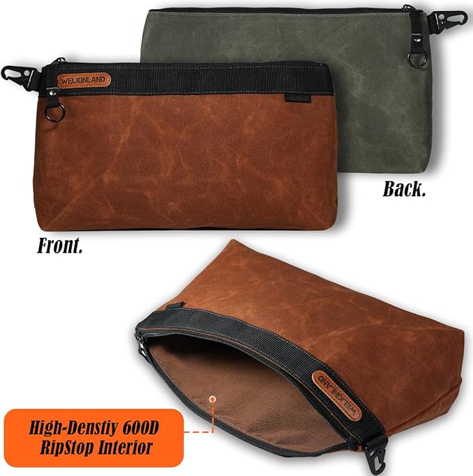 WELKINLAND 2-Pack Heavy-Duty Waxed Canvas Tool Pouches, 14-Inch Zippered Tool Organizer Pouches with Water-Resistant Coating and Durable Canvas Construction
