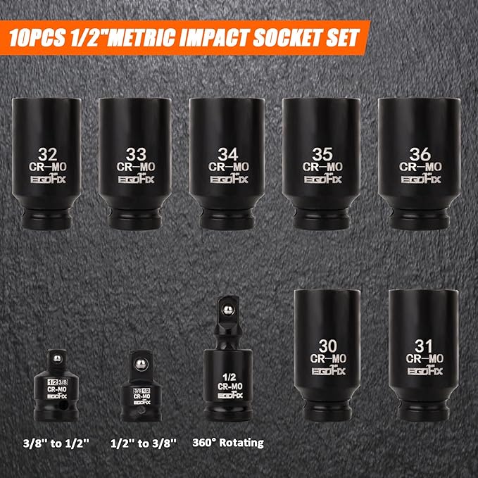 1/2" Impact Axle Nut Socket Set 10 Pieces, Drive Deep CR-MO 6 Point 30,31,32,33,34,35,36mm Metric Socket, with 3/8" - 1/2" Socket Adapter Set, Universal Joint Socket