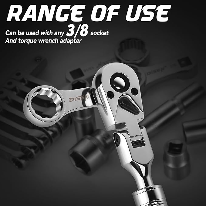 DISEN 3/8" Drive Extendable Ratchet,72-Tooth Flex-Head Ratchet Wrench with Quick Release Locking竊똕oft-Grip with Reversible Switch,Full-Polished Chrome Plating