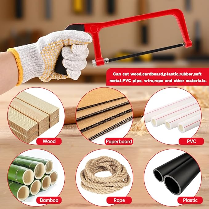 Mini Metal Mitre Box and Saw Set, 6 Inch Extra Fine Cut Hand Saw with 2 Hacksaw Replacement Blades & Gloves for Crafts, Hobby Projects, Cutting Wood, Soft Metal (Red)