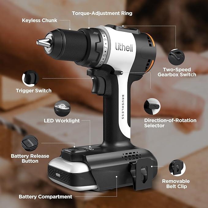 Litheli 20V Brushless Cordless Drill Driver, 530 In-lbs High Torque, 1/2 Inch Keyless Chuck, 2000 RPM, 2.0Ah Battery (Power Bank Function), Type-C Charging, Lightweight Electric Drill for DIY
