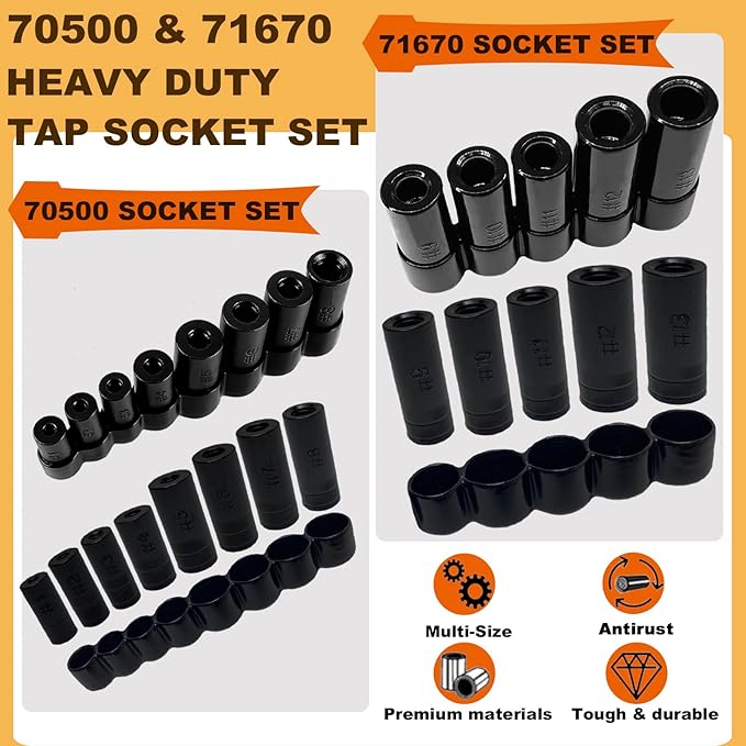 70500 Tap Socket Set + 71670 Tap Socket Set, 13Pcs Tap Socket Wrench Adapter Set Fits All Number & Fractional M.C.T.I. Standard Taps
