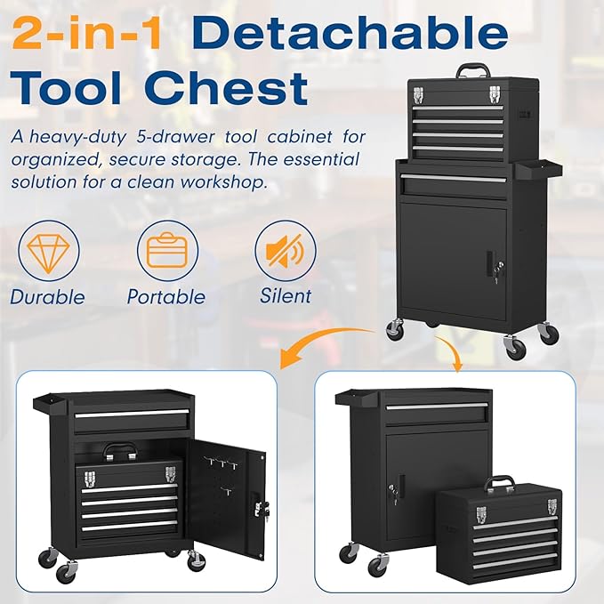 5-Drawers Tool Chest, 2-in-1 Rolling Tool Box with Wheels and Drawers, Detachable Storage Toolbox with Lock, Heavy-Duty Metal Tool Cart for Garage, Workshop (Black)