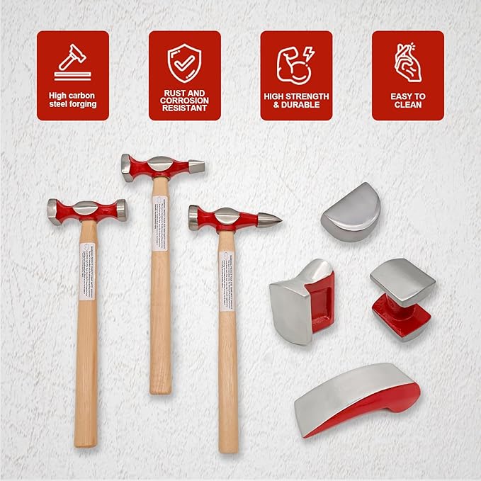 7 Piece Auto Body Repair Kit竊똇ammer and Dolly Tools with Carbon Steel on Wood Handles,Performance Heavy Duty Dollies Set,Roller Fixer Dent Remover Tool.
