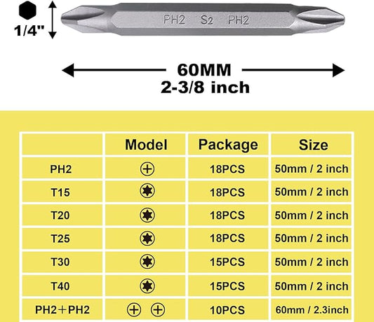 Screwdriver Bits PH2 Double Ended Screw Bit, 2-3/8" Length, S2 Alloy Steel PH2 Suitable for Impact Driver and Cordless Screwdriver | 10 Piece