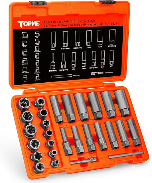 Deep Bolt Extractor Set,28 PCS Impact Bolt & Nut Remover Set,Stripped Lug Nut Remover,Extraction Socket Set for Removing Spark Plug,Damaged Rounded-Off Bolts,Nuts,Studs,Threaded Tubes