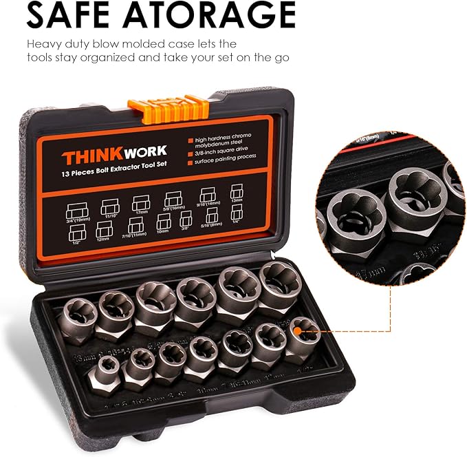 THINKWORK Bolt Extractor Kit, 13+1 Pieces Nut Extractor Socket Set, 3/8" Drive Rounded Bolt Remover, Lug Nut Removal Tool for Damaged, Rusted, Rounded-Off, Stripped Fasteners
