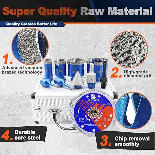 Diamond Core Drill Bit Set - BRSCHNITT Tile Hole Saw Kit 1/4" 5/16" 1" 1-3/8"2" 2-1/2" & 3/8"-1" Finger Bit & 1-3/8"Chamfer Bit for Porcelain Tile Ceramic Marble Granite Diamond Blade