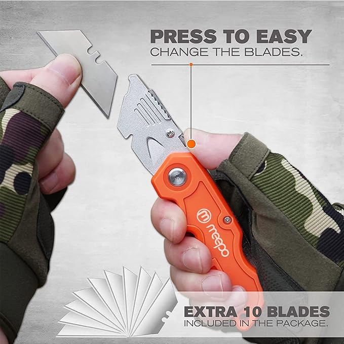 M MEEPO Box Cutter, 4-Pack Tough Folding Box Cutter for Heavy Duty Purpose, Razor Sharp Blade, Comfortable Handle, with Extra 10-Piece Blades, Can cut Drywall, Sheet Plastic, Linoleum, Boxes, Rope