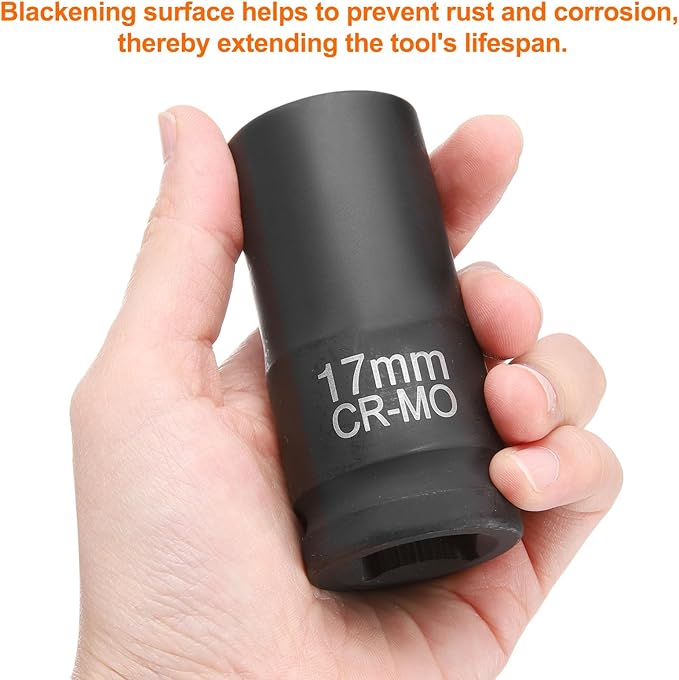 HARFINGTON 4 Point Square Socket 3/4" Drive 17mm Metric Square Impact Socket CR-MO Blackening Standard Wheel Sleeve Pneumatic Sleeve Tool for Auto Repair Mechanical Maintenance Home Use