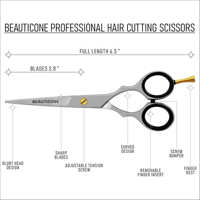 BEAUTICONE 짰 Hair Cutting Scissors - Professional Barber-Grade Salon Shears with Serrated & Razor Edge - Silver Premium & Extra Accs - Ultra Lightweight