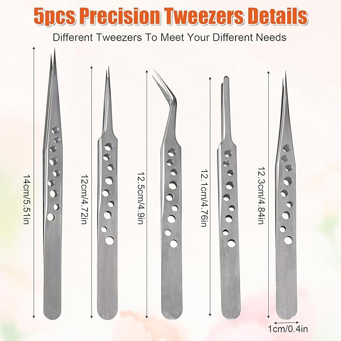 5 Packs Precision Tweezers Stainless Steel Fine Pointed Curved Tweezer Long Sharp Tweezers Kit for Electronics Repair Crafting Jewelry Making Industrial