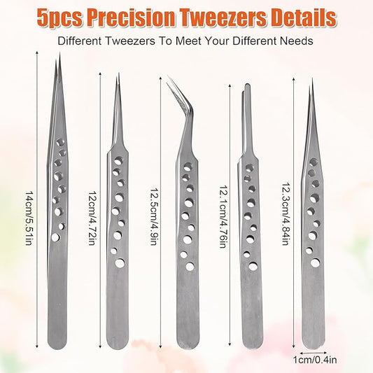 5 Packs Precision Tweezers Stainless Steel Fine Pointed Curved Tweezer Long Sharp Tweezers Kit for Electronics Repair Crafting Jewelry Making Industrial