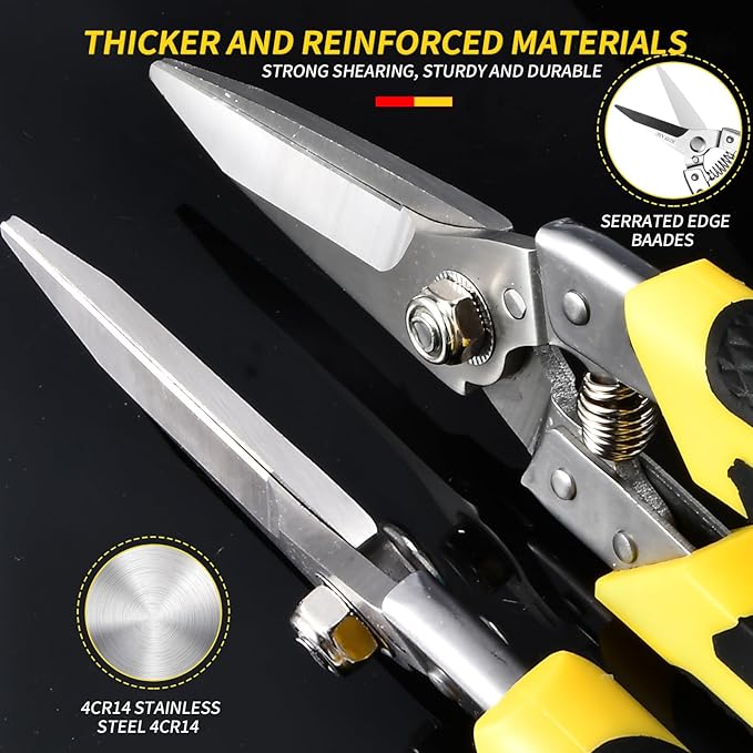 Tin Snips, Heavy Duty 8.5 Inch Straight Cut Snips with Sharp Chrome Vanadium Steel Blade, Aviation Metal Shears for Sheet Metal, Aluminum, Cardboard, and Cable
