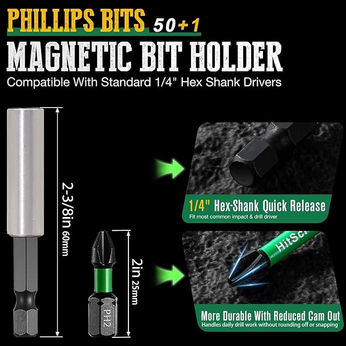 50 Pcs Phillips Bits #2 Impact 1" + Magnetic Bit Holder, S2 Steel Magnetic Screwdriver Bits for Impact Drivers, Home Repair & DIY Use