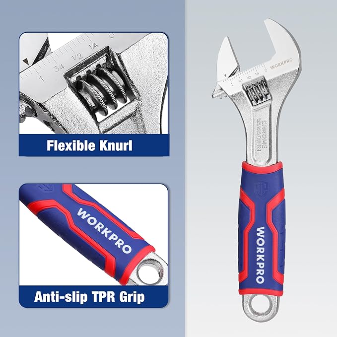 WORKPRO 8-inch Adjustable Wrench, Wide Jaw Opening Wrench with Rubber Anti-slip grip, Metric/SAE Scales, Premium Cr-V Steel, Chrome Plated