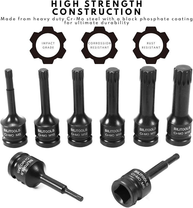 BILITOOLS 8-Piece Impact XZN Triple Square Spline Bit Socket Set 1/2 inch Drive, M5-M18, Cr-Mo Steel