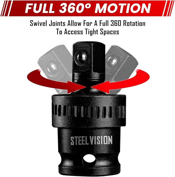 43?멠c 3/8??Impact Socket Set ??SAE & Metric (5/16??/4?? 8??9?칖m), 6?멠oint Deep & Shallow Sockets, Chrome?멝oly Steel, Includes Adapter, Extension, Universal Joint ??Black Phosphate, Laser?멐tched