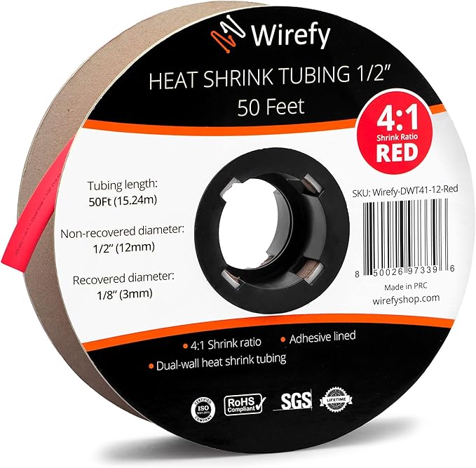 Wirefy 1/2" Heat Shrink Tubing - 4:1 Ratio - Adhesive Lined - Resistant Heat Shrink - 50 Feet Roll - Red